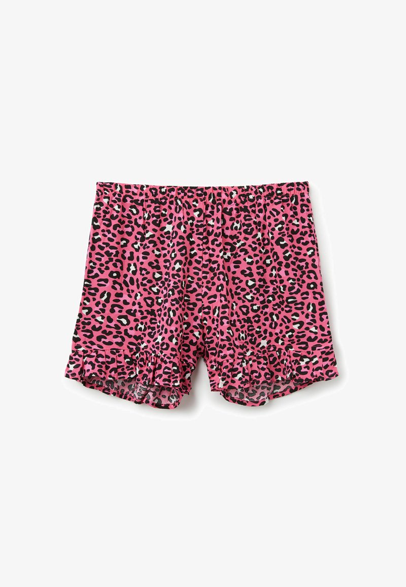 Shorts roses avec un motif léopard noir et blanc. Présente des ourlets volantés et une taille élastique pour le confort. Fabriqué dans un tissu doux.