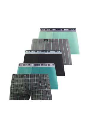 Five pairs of men's boxer briefs, varying solid and patterned designs in green, gray, black, and plaid, each with "HIS" branded waistbands.
