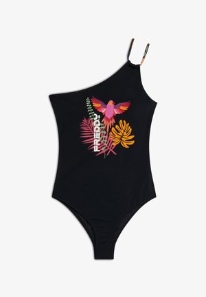 Schwarzer Ein-Schulter-Badeanzug mit grafik von tropischen Vögeln und Blättern in Pink, Orange und Lila sowie weißem "FREDDY"-Text auf der Vorderseite.