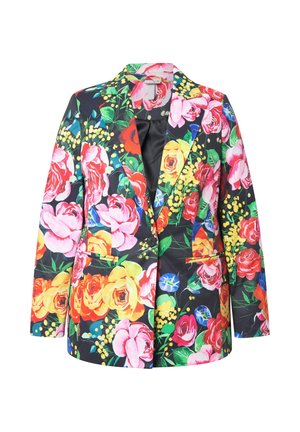 Multicolored bloemenblazer met een zwarte achtergrond, levendige rozenprints in roze, rood, geel en blauw, met twee voorzakken en een geknipt kraag.