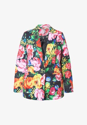 Bunt gemusterte Blumenblazer mit schwarzem Hintergrund, lebendigen Rosenmotiven in Pink, Rot, Gelb und Blau, mit zwei Fronttaschen und einem Reverskragen.