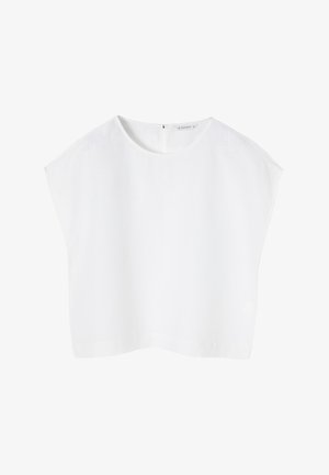 Bílý top s krátkým rukávem, volného střihu, kulatým výstřihem a zipem na zádech, vyrobený z lehkého materiálu s hladkou texturou.