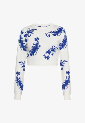 Hvid cropped sweater med blå blomster mønstre, med lange ærmer og ribbet halsudskæring og manchetter. Fremstillet af strikket materiale.
