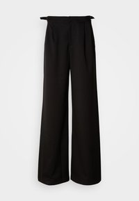 Pantalones de pierna ancha negros con una cinturilla alta, con pliegues y lazos a los lados, hechos de una tela suave y estructurada.
