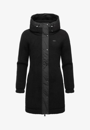 Black fleece long coat with a padded front, high collar, and adjustable drawstring. Features snap buttons and side pockets.