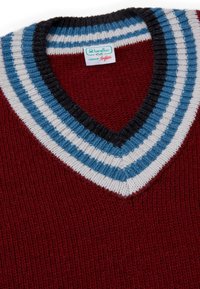 Pull rouge en tricot avec un col en V, présentant un col rayé en bleu marine, bleu clair et blanc. Étiquette visible au niveau du col.