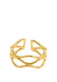 Gouden metalen ring met verweven golvende en hoekige ontwerpen, open aan de uiteinden met een gladde textuur en gepolijste afwerking.