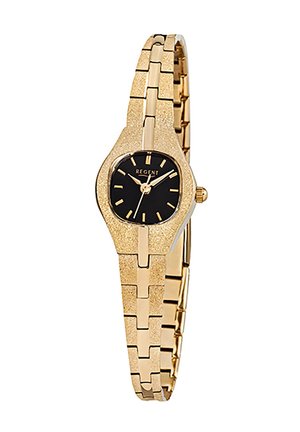 Gold-tone watch with a textured band, featuring a black dial, gold hour markers, and a rounded case. Quartz movement with a crown.