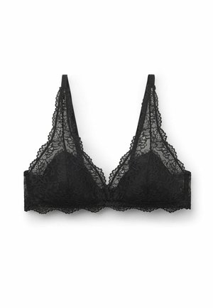 Černá krajková braletka s průhlednými trojúhelníkovými košíčky, vroubkovanými okraji a nastavitelnými ramínky na bílém pozadí.