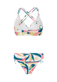 Ensemble de bikini avec un motif de feuilles multicolore en rose, bleu, vert et blanc. Le haut présente des bretelles croisées ; le bas a des liens réglables.