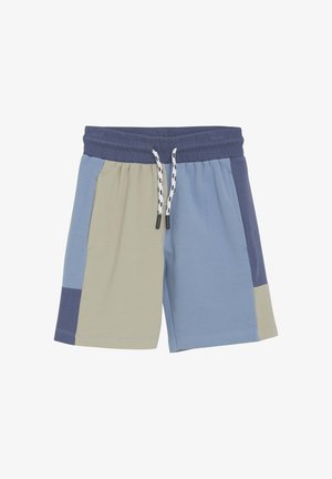 Farvet blokerede shorts har en blanding af grønne, blå og marineblå paneler. Elastisk talje med snørre og sidelommer. Blødt, strækbart materiale.