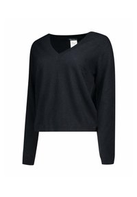 Maglione nero a V con maniche lunghe, realizzato in un materiale morbido. Presenta un design cropped e dettagli di cucitura discreti vicino all'orlo.