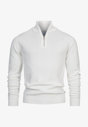 Witte gebreide trui met textuur, voorzien van een halve ritskraag en geribbelde boorden bij de mouwen en zoom.