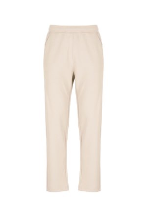 Pantaloni della tuta beige realizzati in tessuto morbido con vita elastica, taglio dritto e tasche laterali. Design semplice con cuciture curate.