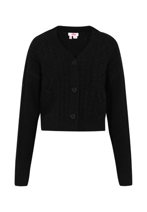Black cropped cardigan made of knitted fabric. Features a deep V-neck, long sleeves, and button closure with heart-shaped buttons. Textured design.