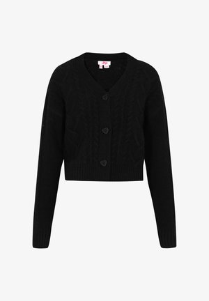 Cardigan nero corto realizzato in tessuto lavorato a maglia. Presenta un profondo scollo a V, maniche lunghe e chiusura con bottoni a forma di cuore. Design texturizzato.