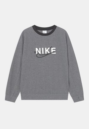 Grå sweatshirt av bomullsblandning, med svart ribbad halsringning, stort vitt "NIKE"-logotyp och böjd grafisk detalj med stjärnor.