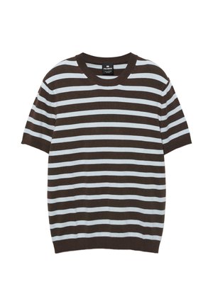 Rövid ujjú, fekete-fehér vízszintes csíkos kötött pulóver kerek nyakkivágással, fehér háttéren bemutatva.