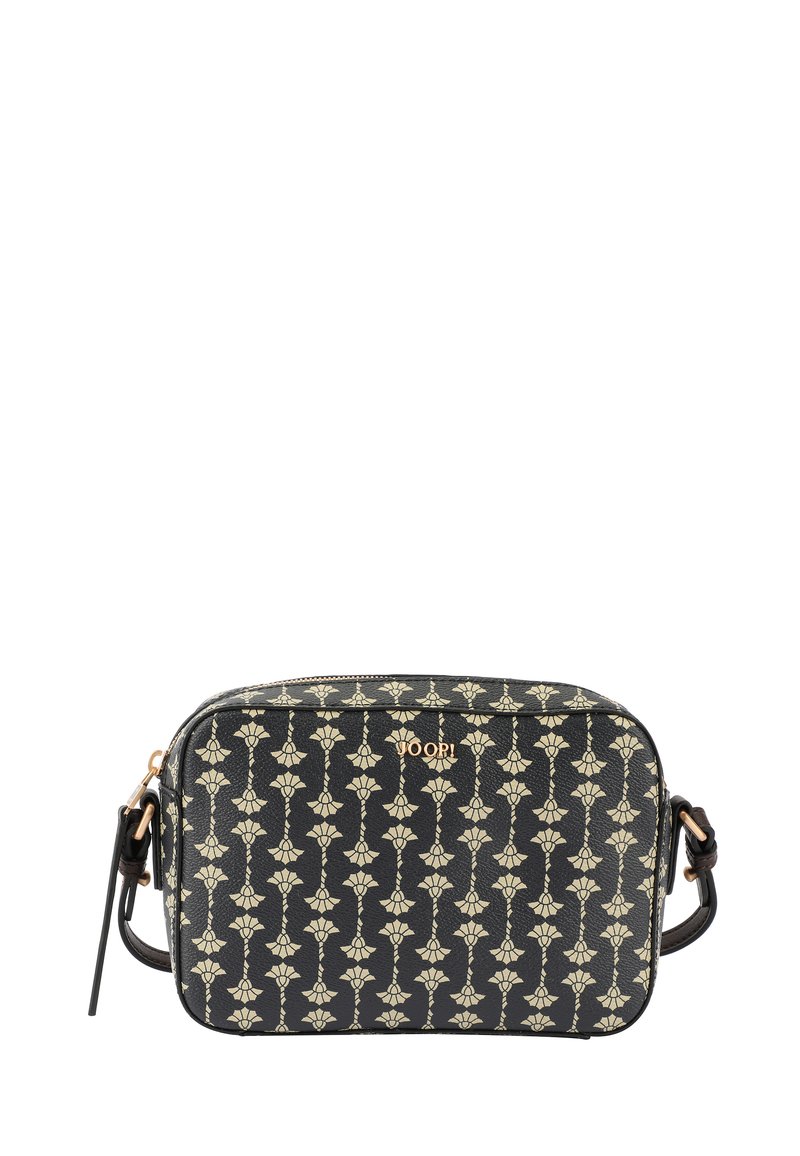 Borsa a tracolla nera con motivo floreale crema. La borsa è realizzata in materiale testurizzato con un accento del logo dorato e chiusura con zip.