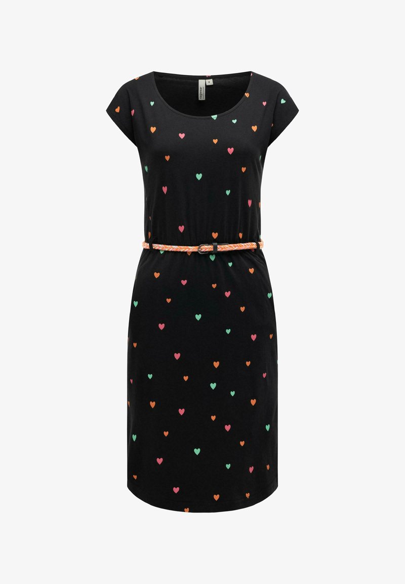 Czarna sukienka do kolan z krótkimi rękawami, kolorowy wzór rozrzuconych serc oraz pomarańczowo-biały pleciony pasek w talii.