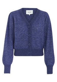 Blue cropped knit cardigan with long sleeves, V-neck, ribbed cuffs and hem, and four front buttons.