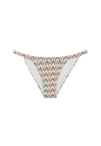 Bikini inferior con un estampado geométrico en teal, rojo y crema. Fabricado con material elástico, con tirantes laterales finos y un diseño sin costuras.