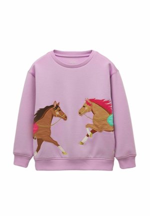 Liliowa bluza dla malucha z haftowanymi wzorami dwóch brązowych koni, jeden z czerwonym grzywą i różowym siodłem, drugi z czarną grzywą i różowym siodłem.