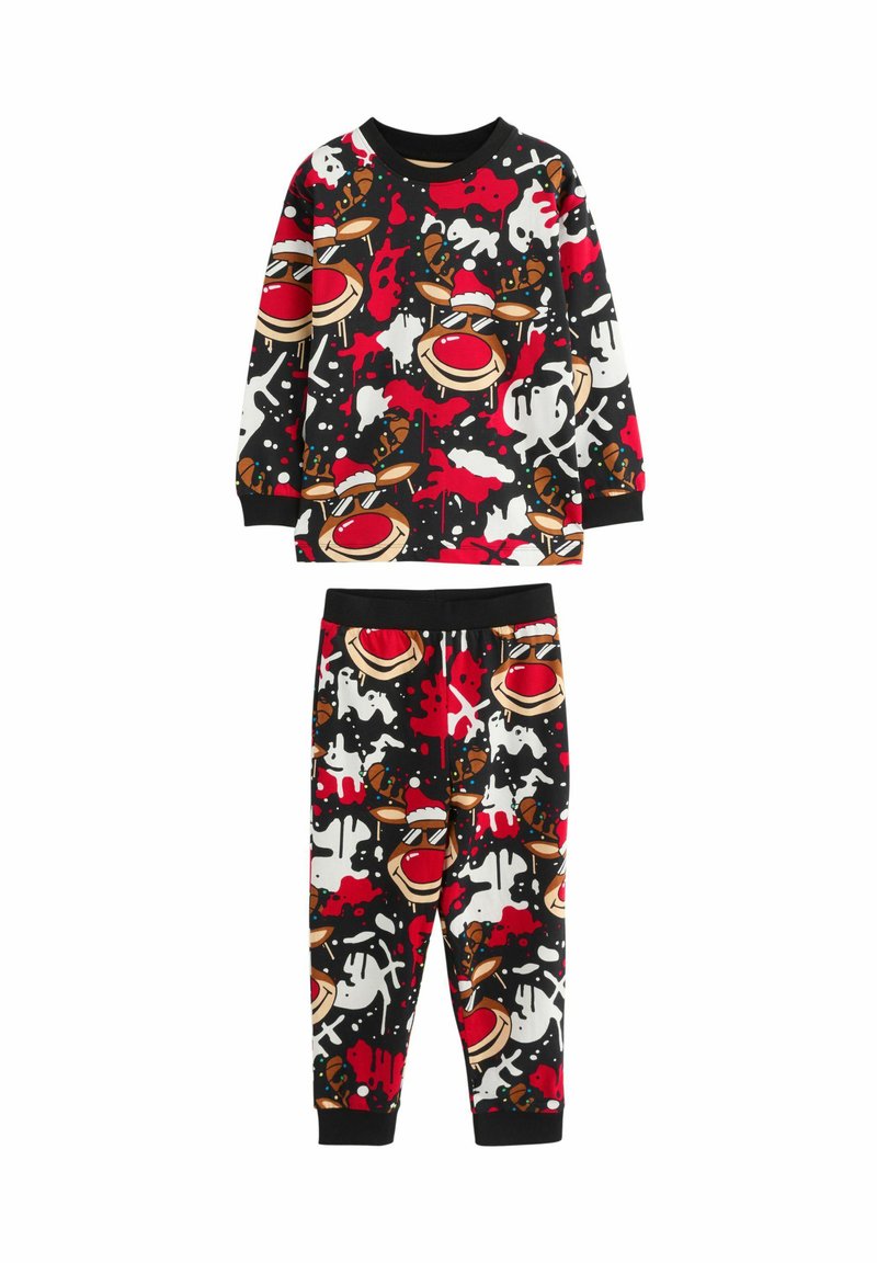 Schwarzes Schlafanzugset mit einem bunten Muster von Rentieren mit roten Nasen und Weihnachtsmützen. Lange Ärmel und eng anliegende Bündchen an der Hose. Weicher Stoff.