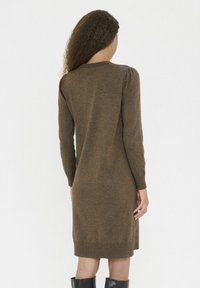 Braunes Strickkleid mit langen Ärmeln, rundem Ausschnitt und gerippten Bündchen. Der Stoff hat eine weiche Textur und eine figurbetonte Silhouette.
