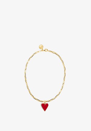 Złota bransoletka z wydłużonymi ogniwami i zawieszką w kształcie czerwonego serca.