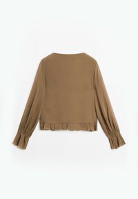 Braune cropped Bluse mit langen Ärmeln, Rüschensaum und geradem Saum. Aus leichtem Stoff mit einer glatten Textur gefertigt.