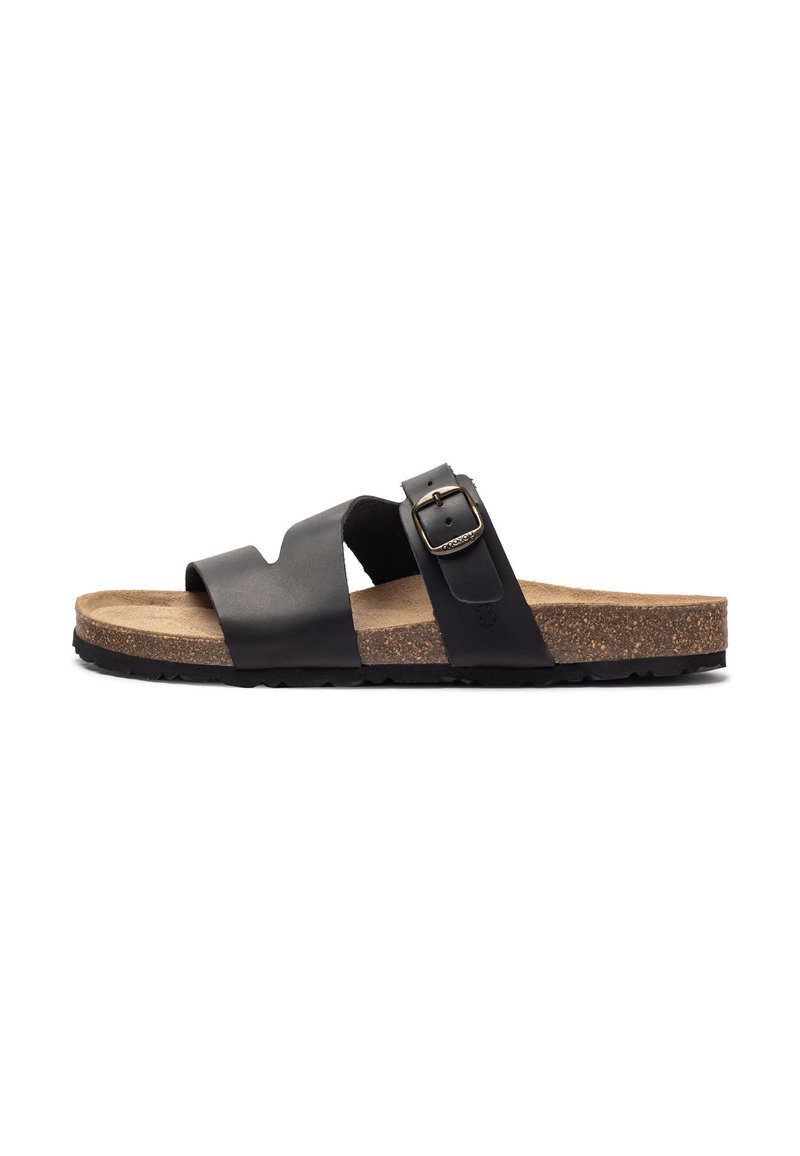 Black leather slide sandals with adjustable strap and buckle, cork footbed, textured rubber outsole, minimalist design.