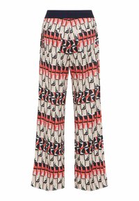 Wide-leg pants in a multicolored geometric pattern. Made of lightweight fabric, featuring a navy waistband and two back pockets.