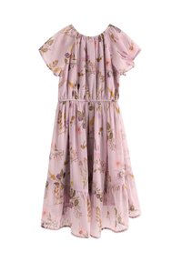 Rosa klänning med korta ärmar, elastisk midja, lager-på-lager kjol och ett lätt, texturerat tyg. Har olika färgglada blomtryck.