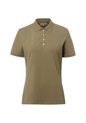 Olivgrünes Poloshirt mit kurzen Ärmeln, Kragen und fünf Knöpfen vorne, auf weißem Hintergrund dargestellt.