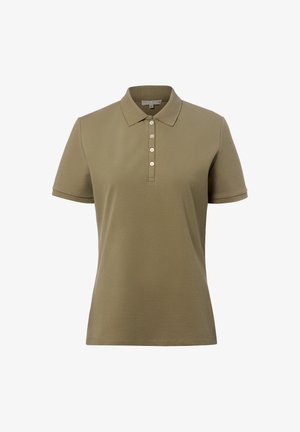 Polo vert olive à manches courtes avec col et cinq boutons sur le devant, présenté sur un fond blanc.