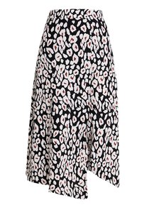 Černá sukně s potiskem bílých a červených leopardích skvrn, s překládaným designem a splývavou siluetou. Vyrobena z lehkého materiálu.