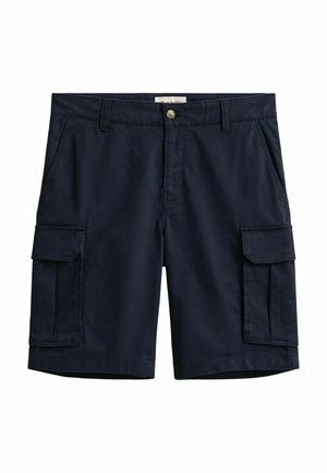Navy blue cargo shorts with side flap pockets, front button, zip fly, belt loops, and side slash pockets on white background.