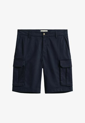 Navy blue cargo shorts with side flap pockets, front button, zip fly, belt loops, and side slash pockets on white background.