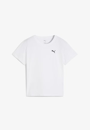 Bílé tričko s krátkým rukávem vyrobené z hladkého materiálu, s kulatým výstřihem a malým černým logem na levé straně hrudi.