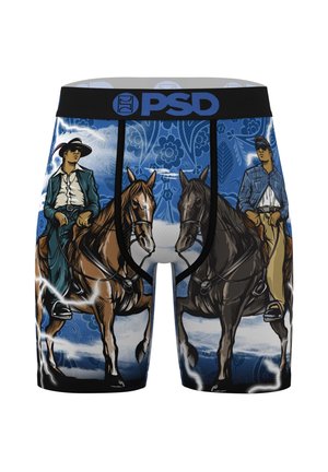 Men's boxer briefs with artwork of two cowboys on horses against a blue floral background and lightning accents.