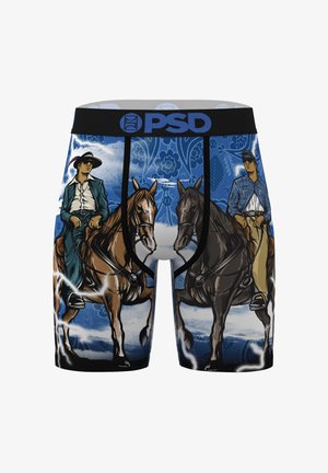 Herren-Boxershorts mit einem Motiv von zwei Cowboys auf Pferden vor einem blauen floralen Hintergrund und Blitzeffekten.