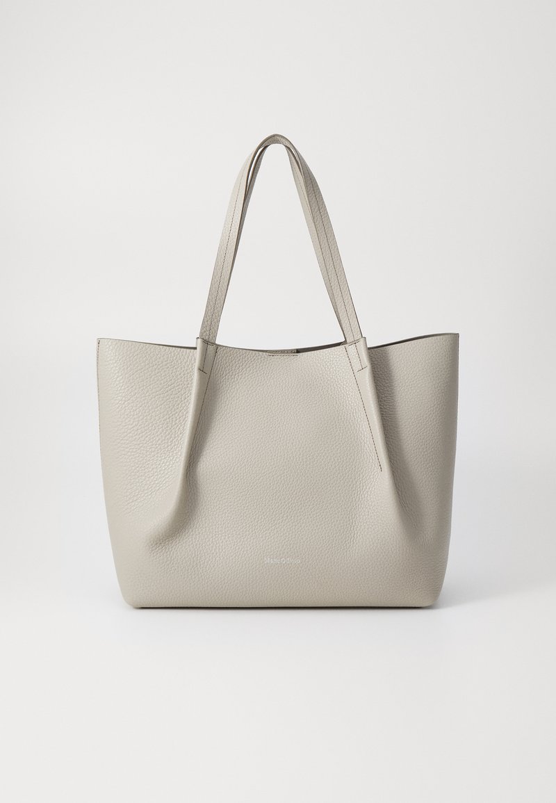 Light gray leather tote bag with a textured finish, flat design, and two sturdy handles. Simple, minimalistic style without hardware details.