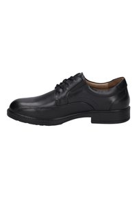 Schwarze Lederschuhe mit glatter Oberfläche, runder Zehenform, Schnürverschluss, dezenten Nähten und niedrigem Gummihacke.