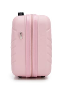 Hard-shell cabin suitcase in pink with textured surface, dual zippers, and a side handle. Compact rectangular shape with rounded edges.