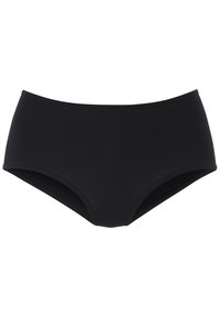 Black high-waisted swim brief made of smooth, stretchy material. Features a simplified design with no additional patterns or accents.