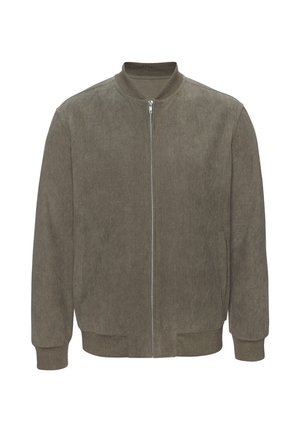 Olivgrüne Bomberjacke aus Cord mit Frontreißverschluss, geripptem Kragen, Bündchen und Bund.