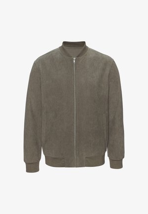 Olivgrüne Bomberjacke aus Cord mit Frontreißverschluss, geripptem Kragen, Bündchen und Bund.