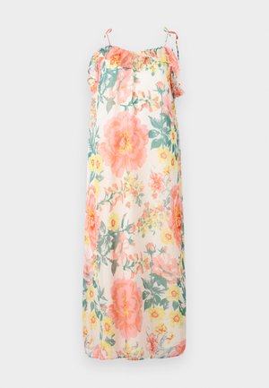 Blomstrete maxikjole i pastellfarger, med volanger på stroppene, en løs passform, og et lett, gjennomsiktig stoff med rosa og gule blomstermønstre.