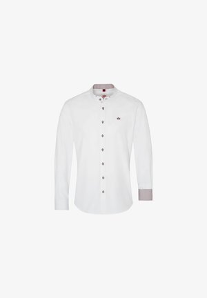 White long-sleeve shirt with a band collar, brown button details, and patterned cuffs. Embroidered logo visible on the chest.